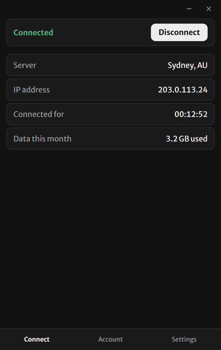 The isotunnel app, connected to the Sydney server