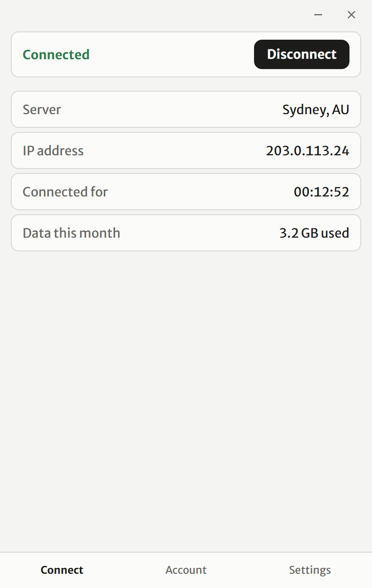 The isotunnel app, connected to the Sydney server